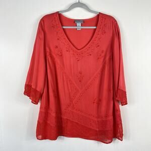 Catherines Size 1X Beaded Embroidered 3/4 Sleeve V-Neck Blouse Top Coral